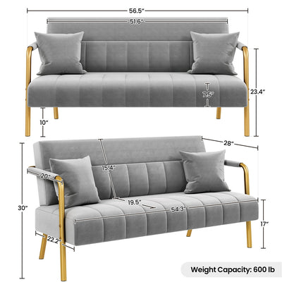 Costoffs Velvet Fabric Sofa Couch, 56.5″ W Modern Loveseat Couch with Gold-tone Metal Arms, Legs & 2 Pillows, Sofa for Living Room, Bedroom Furniture, Halloween Gift, Pink/Green/Gray