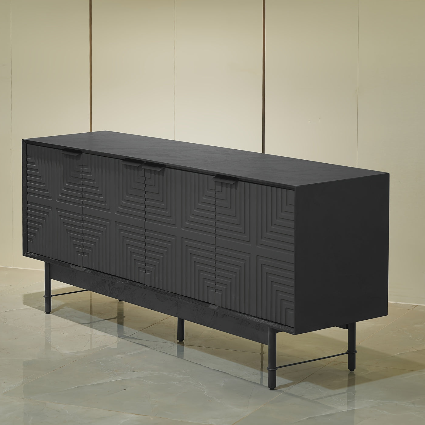 66" Modern TV Stand with Storage Cabinet - Mid-Century Modern Design, Black Artificial Wood & Metal Frame, 3, 2+ Cubic Feet Storage, 27" Height, Fits 55/60/65 Inch TVs, Easy Assembly for Living Room, Tv Table for Living Room,