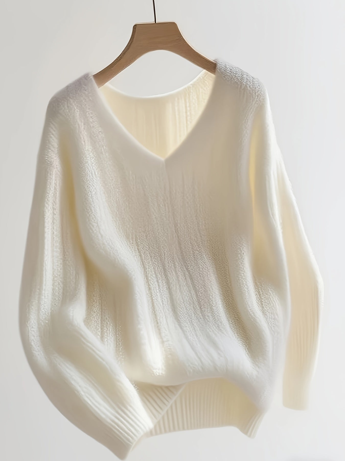 Women's Elegant V-Neck Cable- Sweater - Soft White Oversized Long Sleeve Pullover, Cozy All-Season Casual to Formal Wear, Easy-Care Hand Wash/Dry Clean, Versatile Layering Piece for Fall Winter Summer Outfits, Cozy Sweaters f