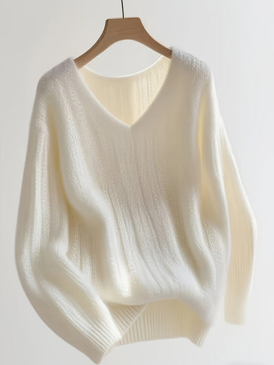 Women's Elegant V-Neck Cable- Sweater - Soft White Oversized Long Sleeve Pullover, Cozy All-Season Casual to Formal Wear, Easy-Care Hand Wash/Dry Clean, Versatile Layering Piece for Fall Winter Summer Outfits, Cozy Sweaters f