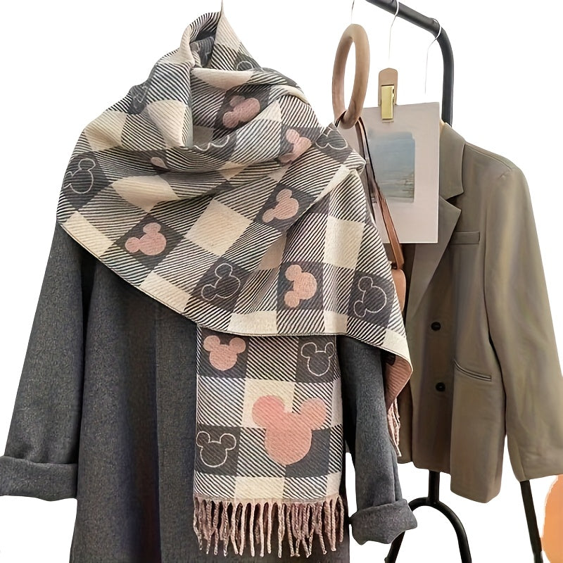 1pc Elegant Polyester Scarf for Women - Double-Sided Heart Check Pattern, Korean Tassel, Warm Shawl, Thick Versatile Wrap, Windproof, Decorative, Non-Elastic, Jacquard and Printed Design, Suitable for Mature Occasions