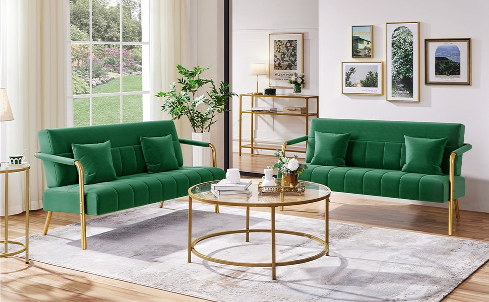Costoffs Velvet Fabric Sofa Couch, 56.5″ W Modern Loveseat Couch with Gold-tone Metal Arms, Legs & 2 Pillows, Sofa for Living Room, Bedroom Furniture, Halloween Gift, Pink/Green/Gray