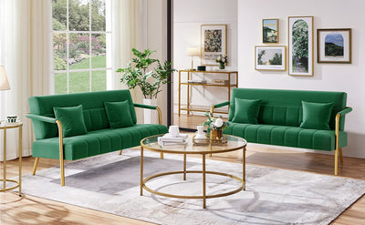 Costoffs Velvet Fabric Sofa Couch, 56.5″ W Modern Loveseat Couch with Gold-tone Metal Arms, Legs & 2 Pillows, Sofa for Living Room, Bedroom Furniture, Halloween Gift, Pink/Green/Gray