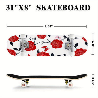 Advanced Maple Skateboard - 7-Layer Recycled Wood Deck with Double Kick Concave Panel, Precision Bearings Red Roses and Pink Butterflies Floral Pattern on White Background All Skill Levels, Multi-Functional for Skateboarding,