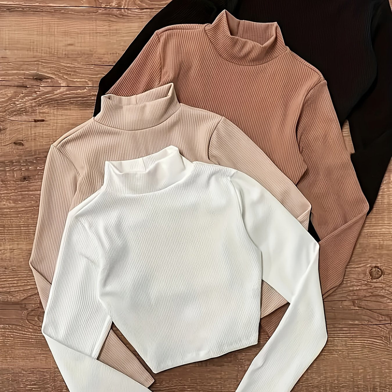 High-Neck Long Sleeve Four-Piece Set T-Shirt, Black Ten White Ten Coffee Ten Apricot