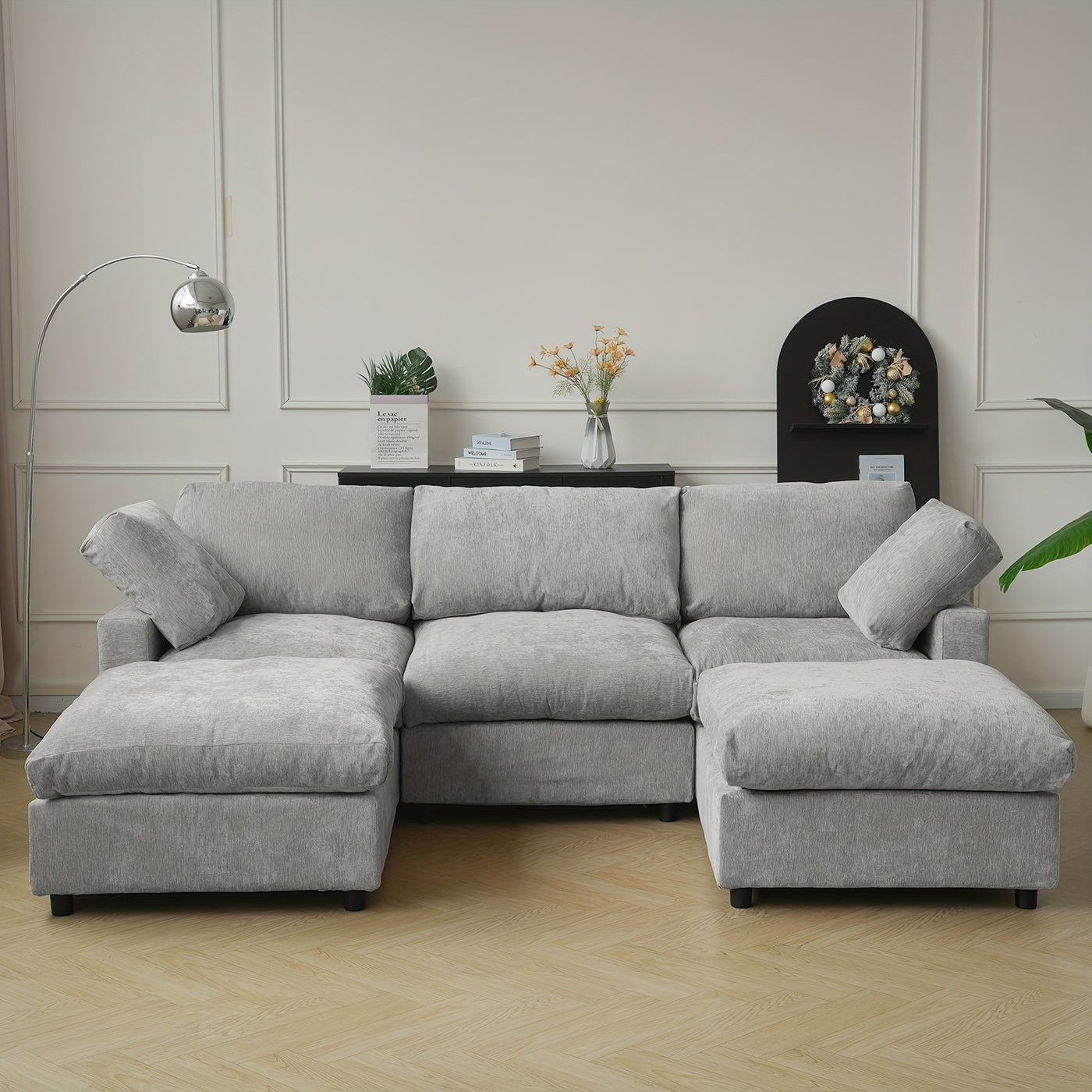 Modern U-Shaped Modular Sectional Sofa with Ottomans - Convertible L-Shaped or Straight Configurations, Washable Removable Cushions & Slipcovers, Plush Foam-Filled Cloud Design, Beige/Black Fabric Sofa for Large Living Rooms,