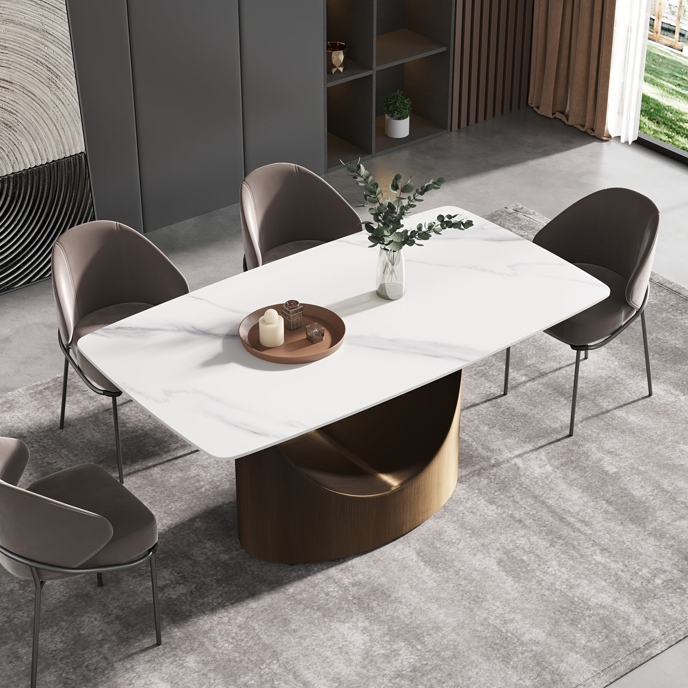 Modern Rectangle Marble Dining Table(Dining Table Only, Chairs Not Included), Marble Sintered Stone Top Dining Table, Rectangle Dining Room Table With Unique U-Shape Carbon Steel Pedestal For Kitchen/Living Room