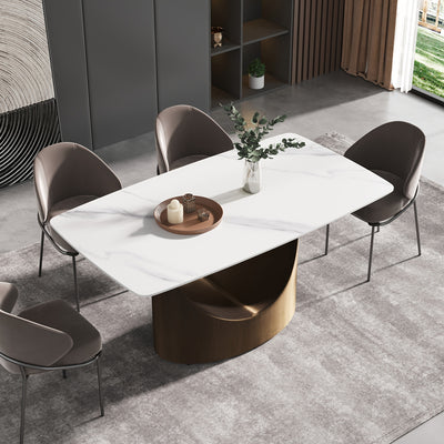 Modern Rectangle Marble Dining Table(Dining Table Only, Chairs Not Included), Marble Sintered Stone Top Dining Table, Rectangle Dining Room Table With Unique U-Shape Carbon Steel Pedestal For Kitchen/Living Room