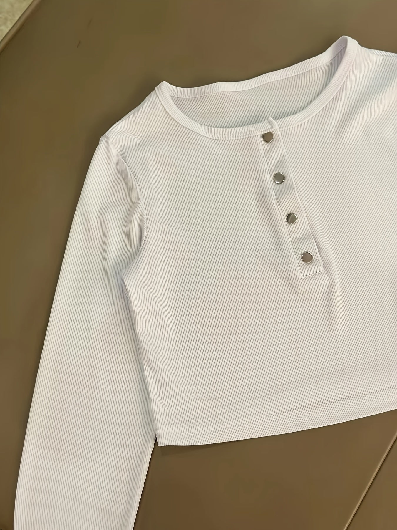 Casual Stretch Slim Fit Crew Neck Button Pullover T-Shirt + Elastic Waist Wide Leg Pants Long Set