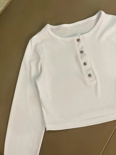 Casual Stretch Slim Fit Crew Neck Button Pullover T-Shirt + Elastic Waist Wide Leg Pants Long Set