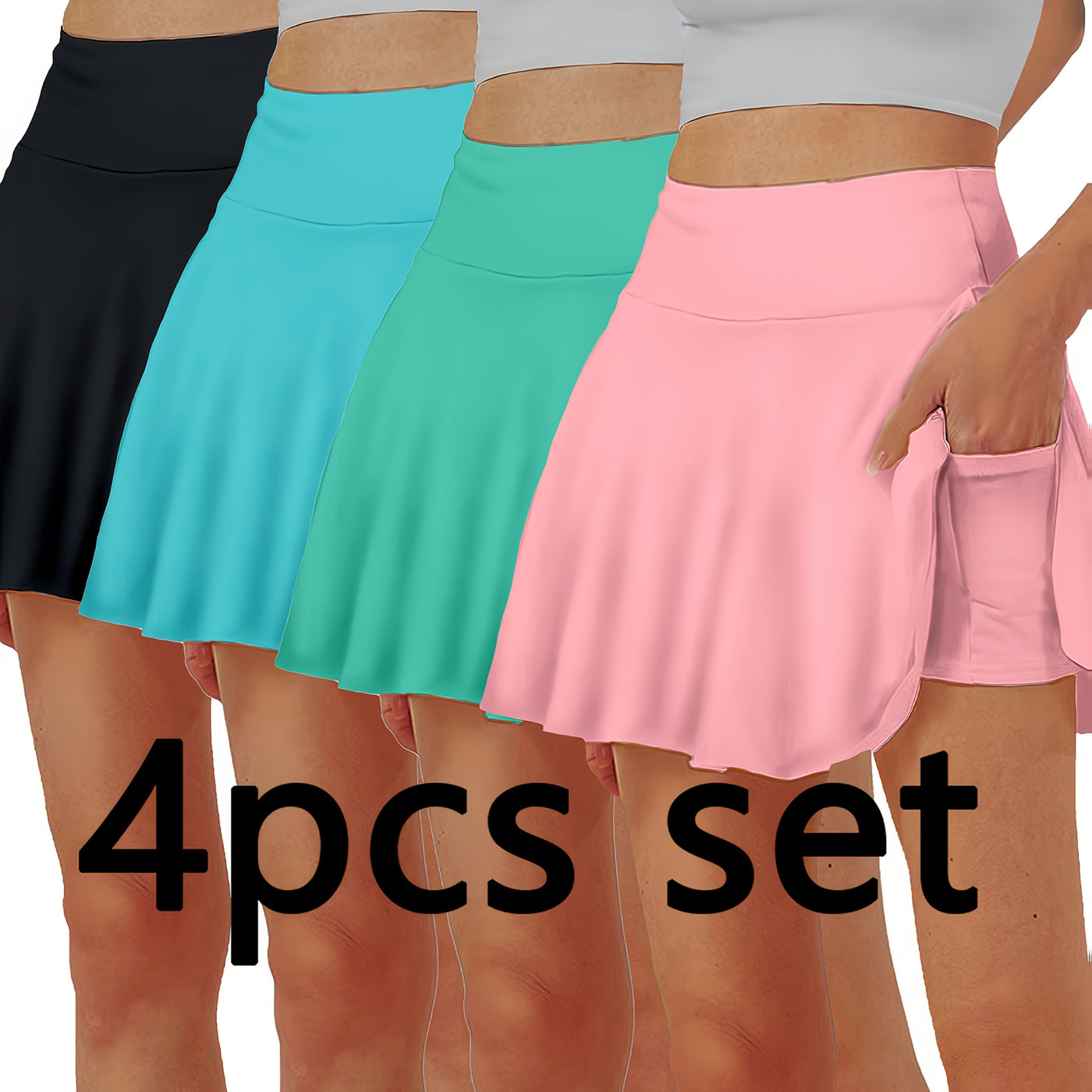 4pcs Women'S Skirt, Elegant Half Waist Skirt, Summer Skirt, Korean Pocket, Gift for Wife, Family, Friends, Breathable Skirt with Built-In Shorts, Anti-Exposure Skirt with Pocket
