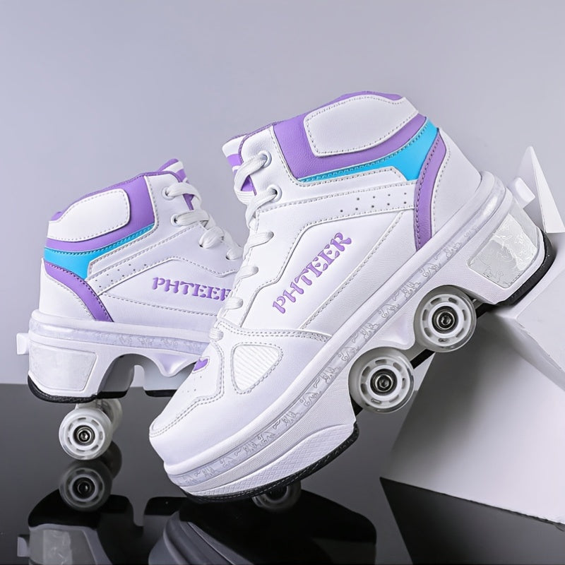 Unisex Roller Skates for Adults & Teens - 4-Wheel Retractable Design, White & Black Checkered Pattern, Synthetic Synthetic Faux Upper, TPR Sole, Lace-Up Closure, All-Season Outdoor Sports & Casual Wear, Roller Skates for Adul