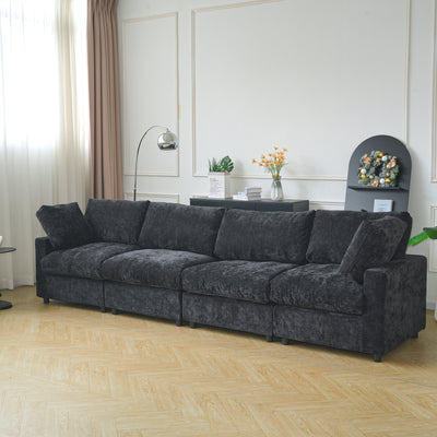 134" Extra Long Modular Sectional Sofa - 4-Seater Convertible L-Shaped Couch with Chaise Lounge, Washable Fabric Upholstery & Plush Cushions, Modern Minimalist Black Sectional Sofa for Large Living Room, Apartment, Open-Conce