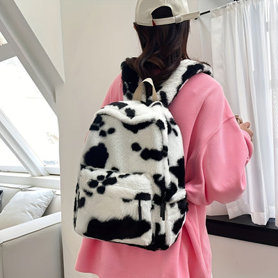 Women'S Cow Print Fleece Backpack, Korean Style Casual Shoulder Bag, Polyester Lining, Adjustable Straps, Zip Closure, Lightweight, Random Print, Versatile for School & Outings