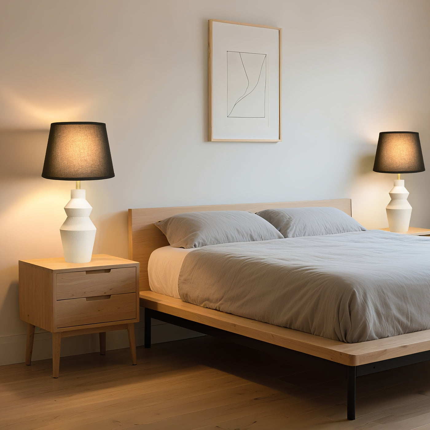 Modern Farmhouse Table Lamp with White Cement Base & Black Linen Shade - Rustic Single Bedside Lamp with Switch, Sturdy for Bedroom, Living Room, Office - Compatible with E27 (Bulb Not Included) - Ideal Housewarming Gift, Min