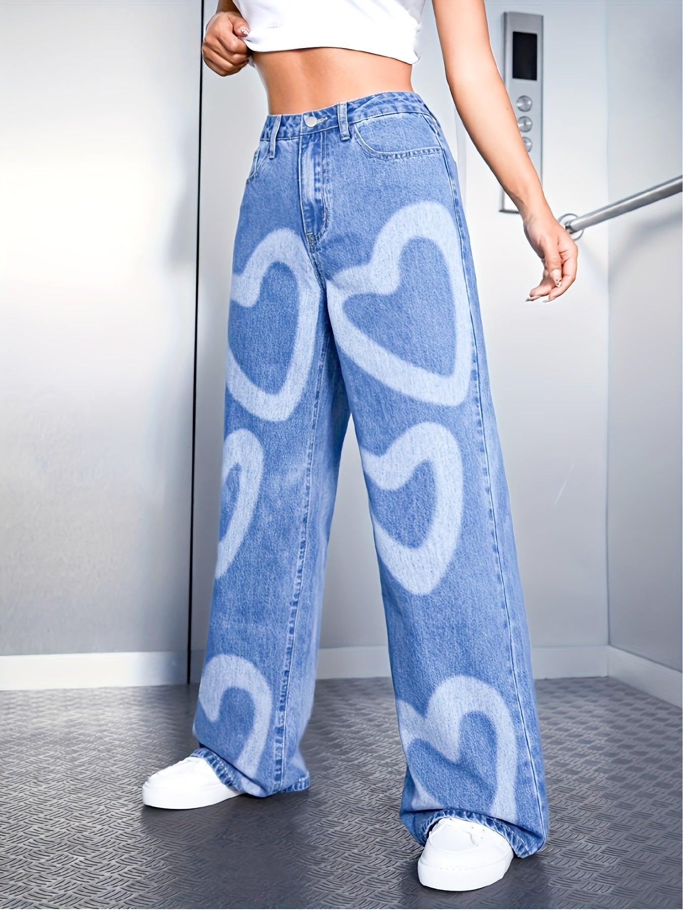Printed Heart Fashion High Waist Korean Version Straight Leg Casual Loose Wide Leg Denim Pants Cute Christmas Gift Cool