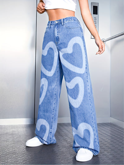 Printed Heart Fashion High Waist Korean Version Straight Leg Casual Loose Wide Leg Denim Pants Cute Christmas Gift Cool