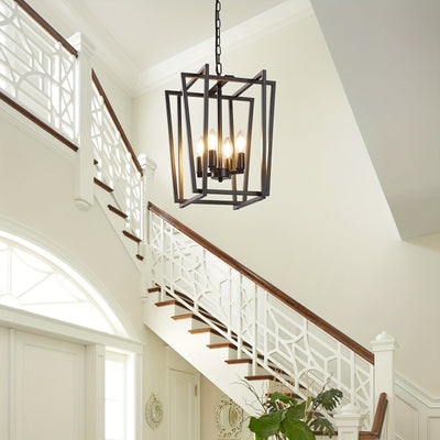 4-Light Adjustable Height Chandelier, Modern Farmhouse Geometric Metal Pendant Light Fixture with Polished Golden Finish & Rust-Resistant Powder Coating, E12 Base for Kitchen Island, Entryway, Foyer, Dining Room, Chandeliers