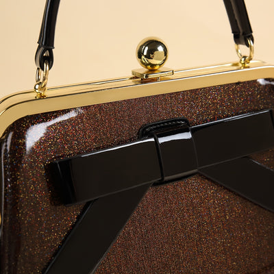[Elegant Handbag] High Quality Lacquered Handbag | 2024 Autumn New Korean Polka Dot for Women - Kiss Lock Closure, Removable Shoulder Strap & Bow Detail, Glossy Patent Look (Black/White, Bronze, Pink & White) - Perfect for We