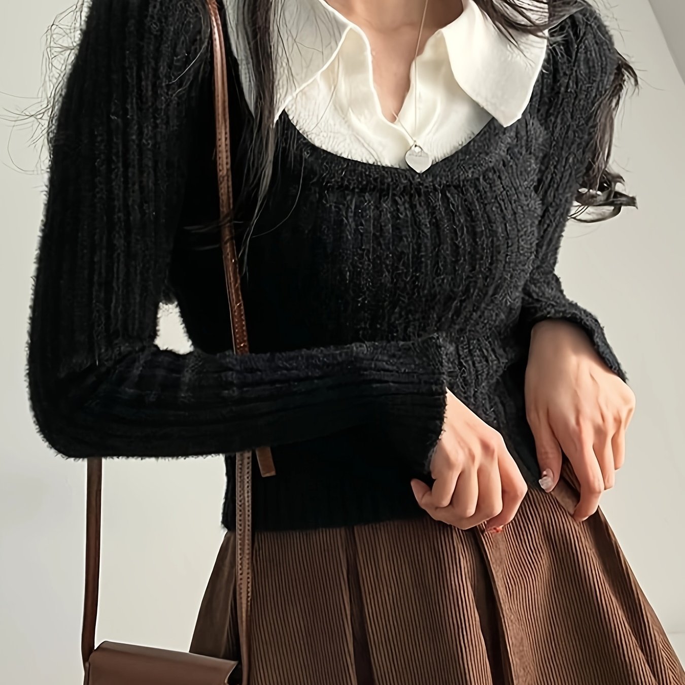 Korean Chic Autumn And Winter Design Unique Faux Two-Piece Large Collar Knitted Sweater for Women