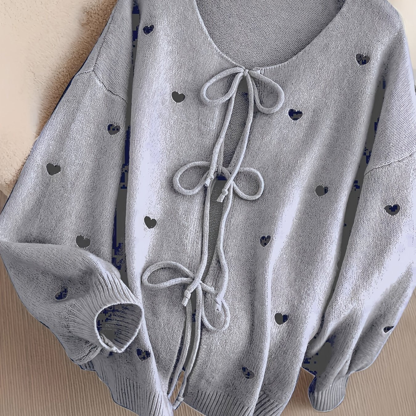 Women'S Soft Pink Sweater - Pastel Pink Cardigan with Front Tie-Waist, Heart Pattern, Boat Neck Longline Blouse for Fall/Winter Layering - Cozy Chic Sweater for Everyday Formal Outfits, Cute Sweaters, Winter Wardrobe, Feminin