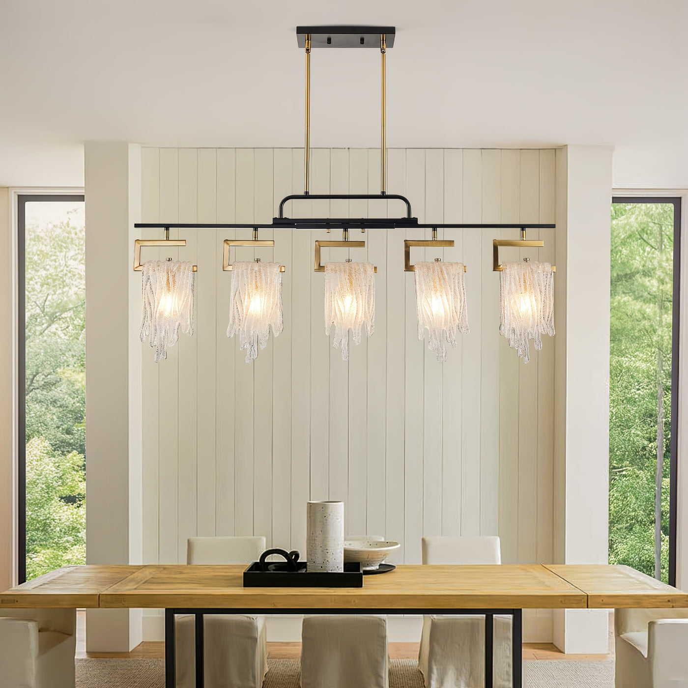 Dining Room Light Fixture/Chandelier Over Table, 5-Light Kitchen Island Lighting, Hanging For Farmhouse Linear Chandeliers, Black And Golden Ceiling Pendant Light Fixtures, With Glass Shade
