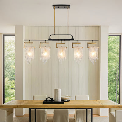 Dining Room Light Fixture/Chandelier Over Table, 5-Light Kitchen Island Lighting, Hanging For Farmhouse Linear Chandeliers, Black And Golden Ceiling Pendant Light Fixtures, With Glass Shade