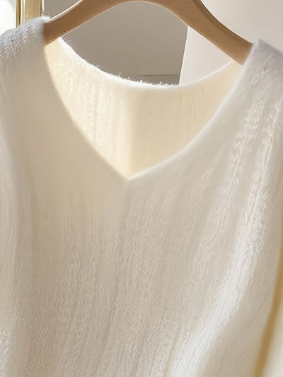Women's Elegant V-Neck Cable- Sweater - Soft White Oversized Long Sleeve Pullover, Cozy All-Season Casual to Formal Wear, Easy-Care Hand Wash/Dry Clean, Versatile Layering Piece for Fall Winter Summer Outfits, Cozy Sweaters f