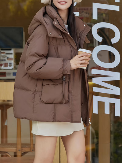 Women's Fashion Korean Style Mid-Length Puffer Coat, Thickened Warmth with Hood, Solid Color, Non-Stretch Polyester, Casual Loose Fit, Long Sleeve, Zipper Front, 180g Down, Winter Outerwear