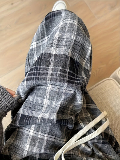 Women's Black & White Plaid Wide-Leg Pants - All-Season Loose Trousers with Drawstring Waist, Non-Transparent Casual Everyday & Formal Outfits, Machine Washable Elegant Pants for Women, Comfortable Clothing, Korean Fashion St