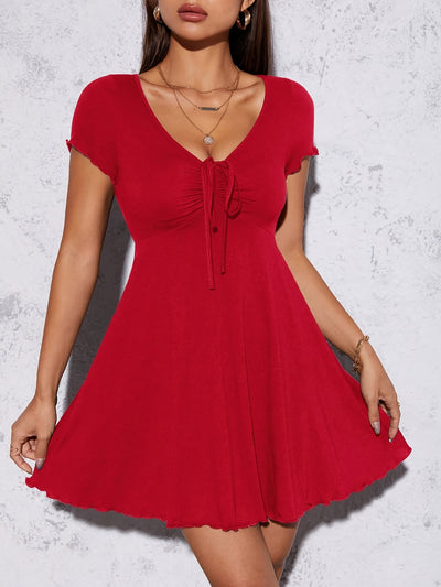 Elegant Women'S Summer Knit Dress - Slim Fit, V-Neck, Short Sleeve with Front Knot Detail, Black, Perfect for Casual or Stylish Outfits