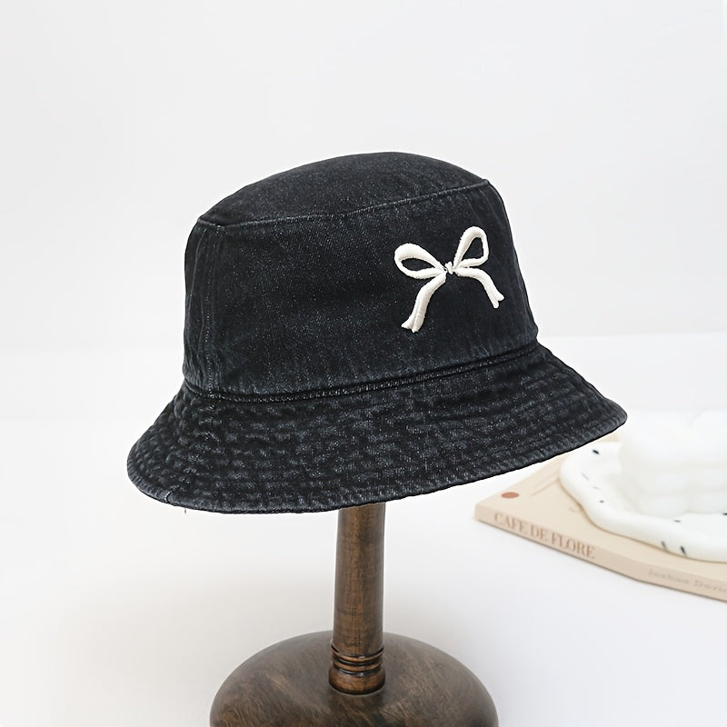 1pc - Korean Style Embroidered Bow Fisherman Hat for Spring And Summer Outings, Sun Protection, Denim Bucket Hat for Women, Casual And Versatile, Makes The Face Look Smaller.