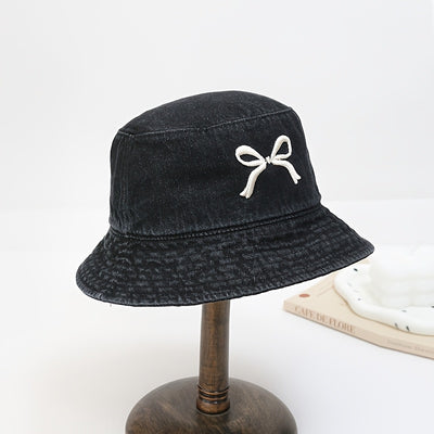 1pc - Korean Style Embroidered Bow Fisherman Hat for Spring And Summer Outings, Sun Protection, Denim Bucket Hat for Women, Casual And Versatile, Makes The Face Look Smaller.