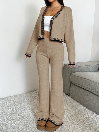 Set Long Sleeve Cardigan and Pants Button V-Neck Khaki Elegant Casual Sweater Outfit for Women Autumn Winter Fashion