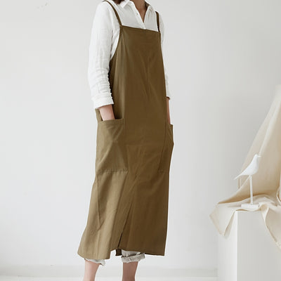 Waterproof Cotton-Linen Apron, Korean Style Japanese Adjustable Pinafore with Pocket, 1pc