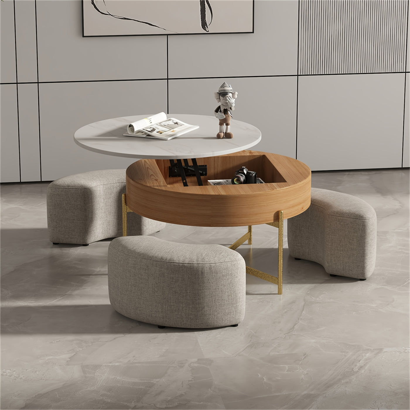 Modern Lift-Top Coffee Table with Storage & Stools - Adjustable Height, Faux Marble Top, Wooden Base, Space-Saving Design for Living Room or Office, Coffee Table for Living Room, Office Furniture, Contemporary Furniture, Eleg