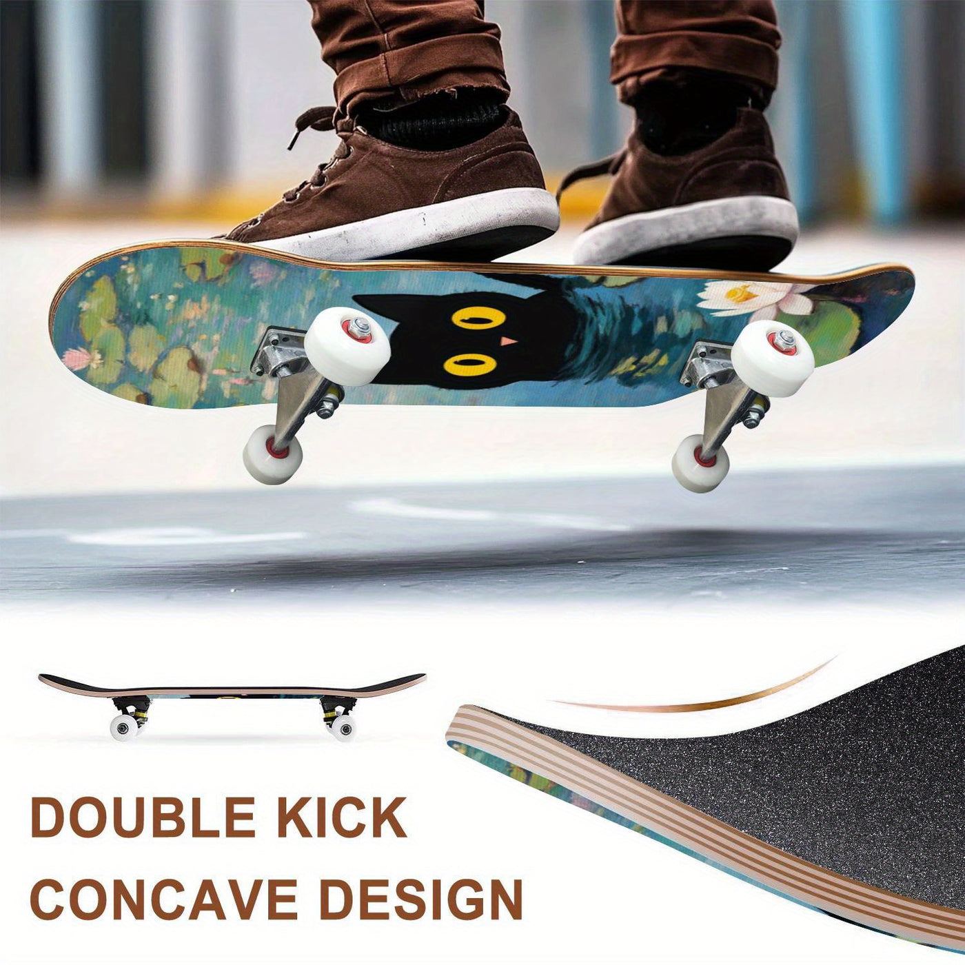 Black Cat Graphic Skateboard with Vibrant Street Art Design - Double Kicktail, ABEC-7 Bearings & Grip Tape for All Skill Levels - Durable Beginner to Pro Skateboard - Perfect Holiday Gift, Skateboarding for Fun, Playful Skate