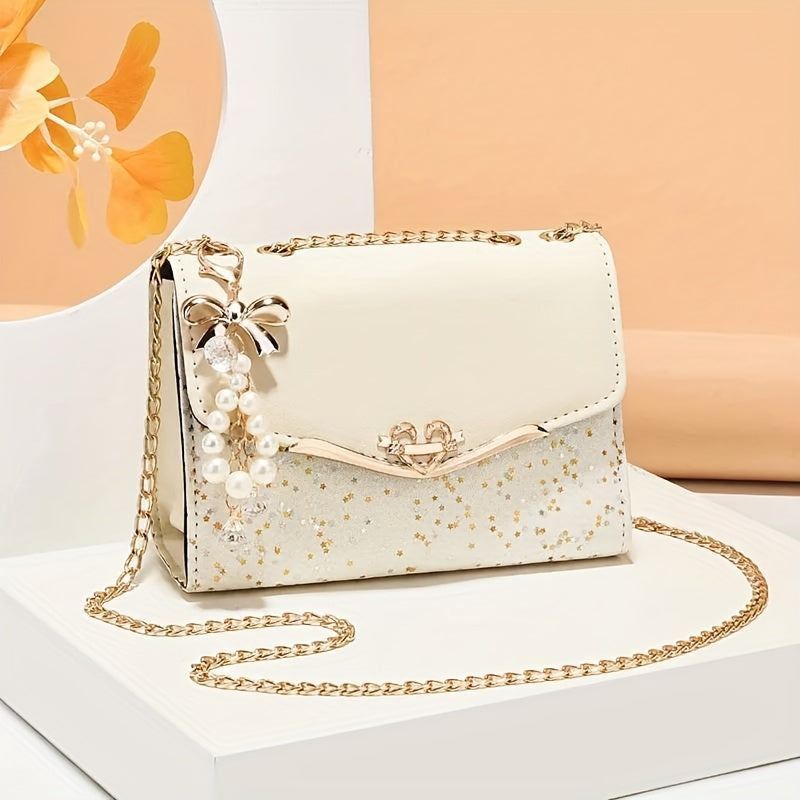 Elegant Korean Fashion Crossbody Bag with Sequins, Lightweight Polyester-Lined Handbag with Metal Chain, Versatile for Daily Use & Travel, Ideal for Birthday, Thanksgiving, Halloween, Christmas Gifts