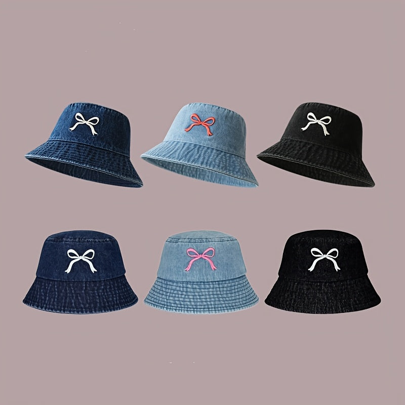 1pc - Korean Style Embroidered Bow Fisherman Hat for Spring And Summer Outings, Sun Protection, Denim Bucket Hat for Women, Casual And Versatile, Makes The Face Look Smaller.