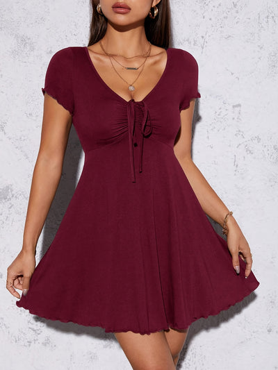 Elegant Women'S Summer Knit Dress - Slim Fit, V-Neck, Short Sleeve with Front Knot Detail, Black, Perfect for Casual or Stylish Outfits