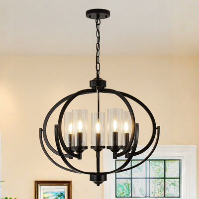 5-Light Black And Golden Chandelier, 24" Farmhouse Dining Room Light Fixture, Adjustable Hanging Ceiling Lantern Pendant Light, with Glass Shade Globe Chandeliers, for Kitchen, Bedroom, Foyer, Chandelier For Dining Room, Chan