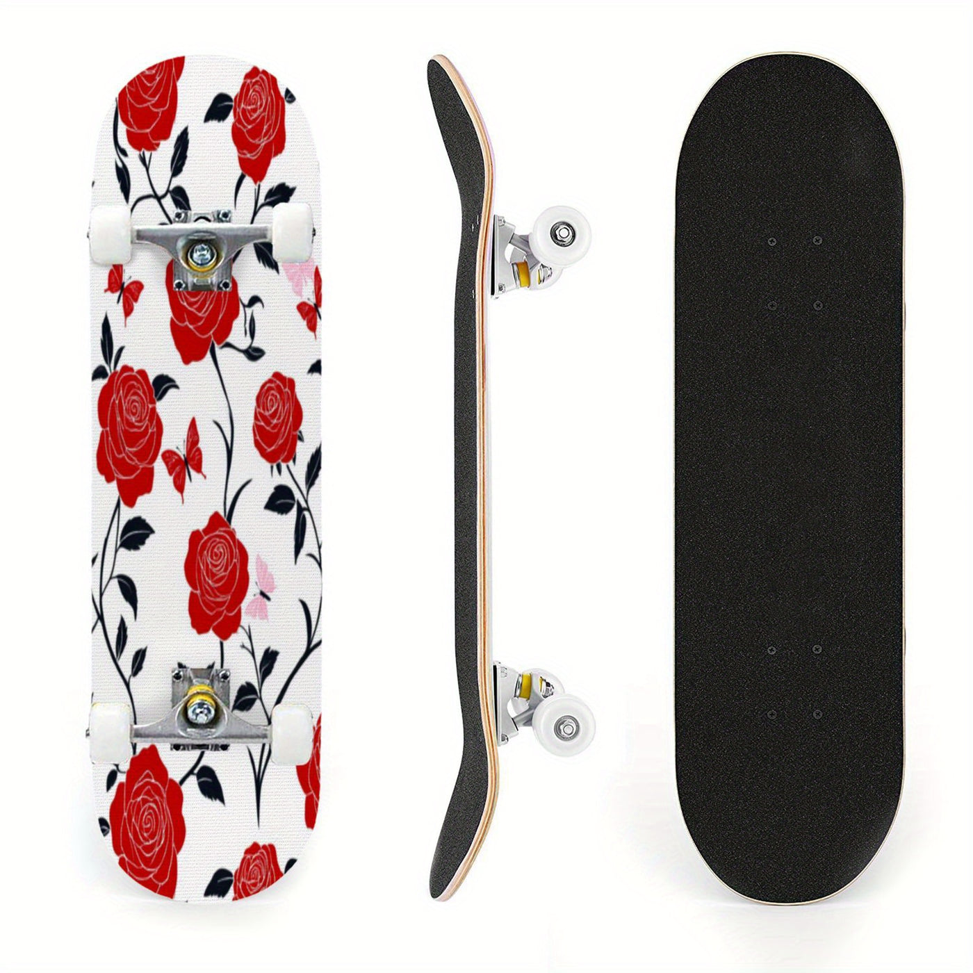 Advanced Maple Skateboard - 7-Layer Recycled Wood Deck with Double Kick Concave Panel, Precision Bearings Red Roses and Pink Butterflies Floral Pattern on White Background All Skill Levels, Multi-Functional for Skateboarding,