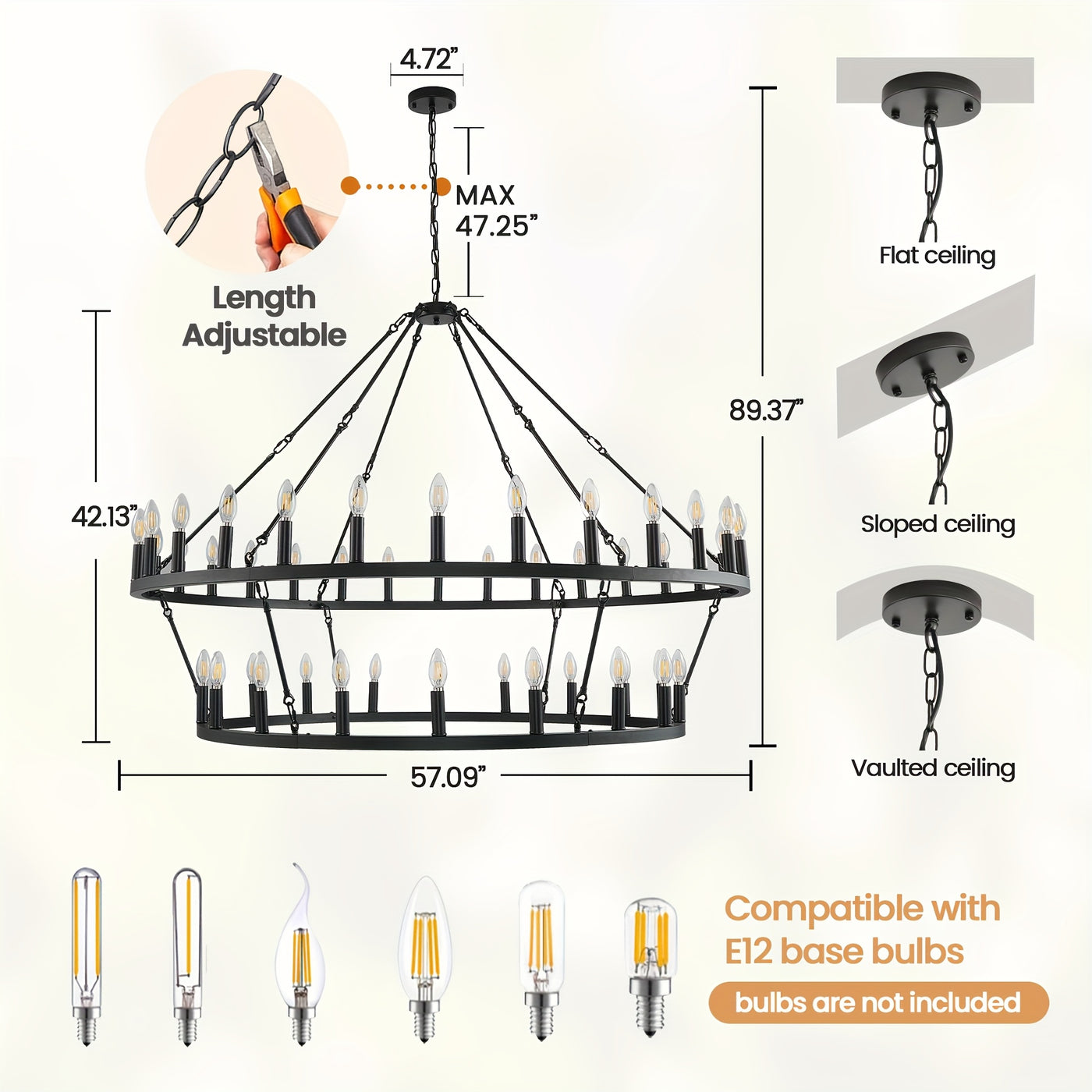 Modern Farmhouse Chandelier 2 Tier Round Wheel Chandelier Large High Ceiling Light.
