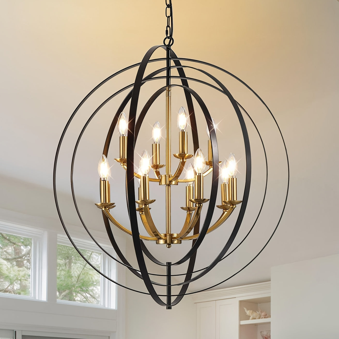 12-Light Modern Farmhouse Chandelier - 31.5" Black Round Pendant Light Fixture for High Ceilings, Adjustable Height (32"-90"), E12 Bulb Compatible, Entryway, Kitchen Island, Staircase & Foyer Lighting, Versatile Lighting Fixt