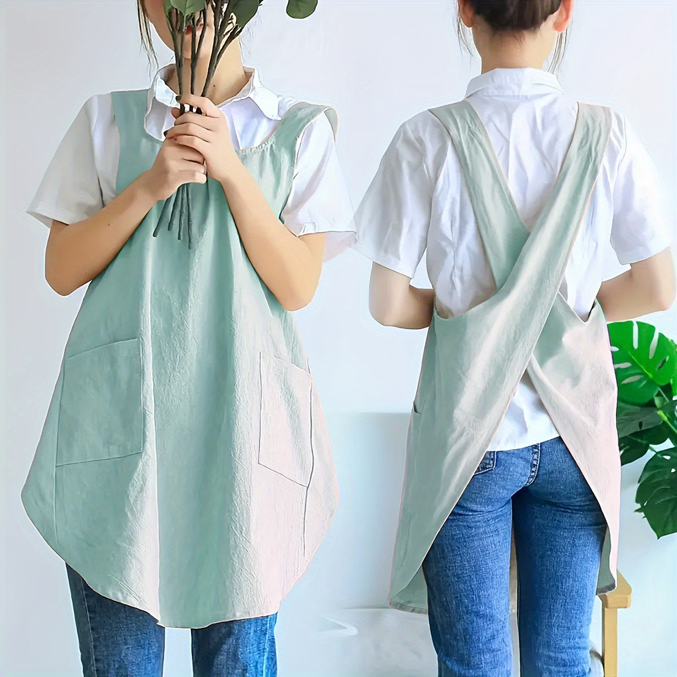 1pc Apron, Korean Retro Countryside Apron, Double Shoulder Strapless Women's Apron With Two Pockets, Great Unisex Apron For Work Clothes, For Comfortable Home Covering, Kitchen Supplies