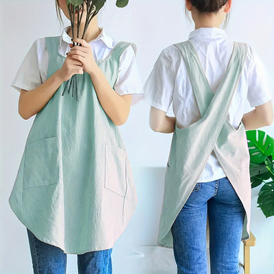 1pc Apron, Korean Retro Countryside Apron, Double Shoulder Strapless Women's Apron With Two Pockets, Great Unisex Apron For Work Clothes, For Comfortable Home Covering, Kitchen Supplies