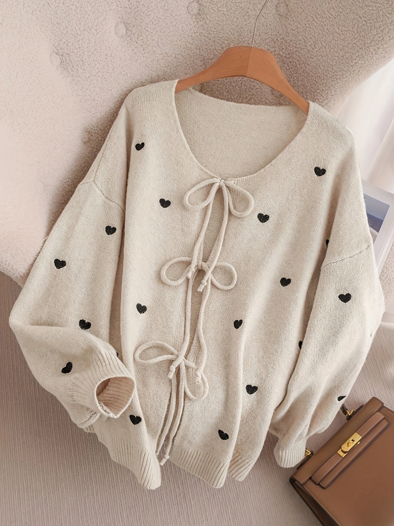 Women'S Soft Pink Sweater - Pastel Pink Cardigan with Front Tie-Waist, Heart Pattern, Boat Neck Longline Blouse for Fall/Winter Layering - Cozy Chic Sweater for Everyday Formal Outfits, Cute Sweaters, Winter Wardrobe, Feminin