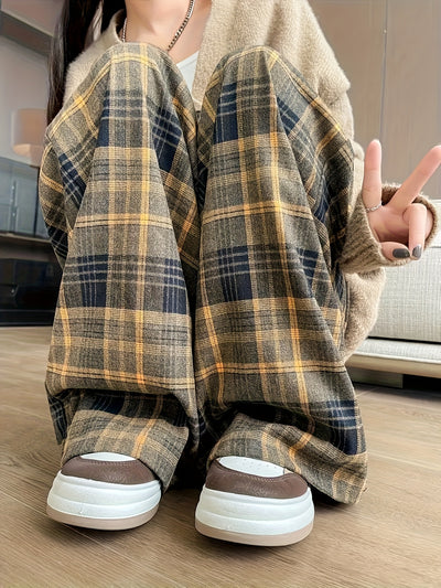 Women's Black & White Plaid Wide-Leg Pants - All-Season Loose Trousers with Drawstring Waist, Non-Transparent Casual Everyday & Formal Outfits, Machine Washable Elegant Pants for Women, Comfortable Clothing, Korean Fashion St