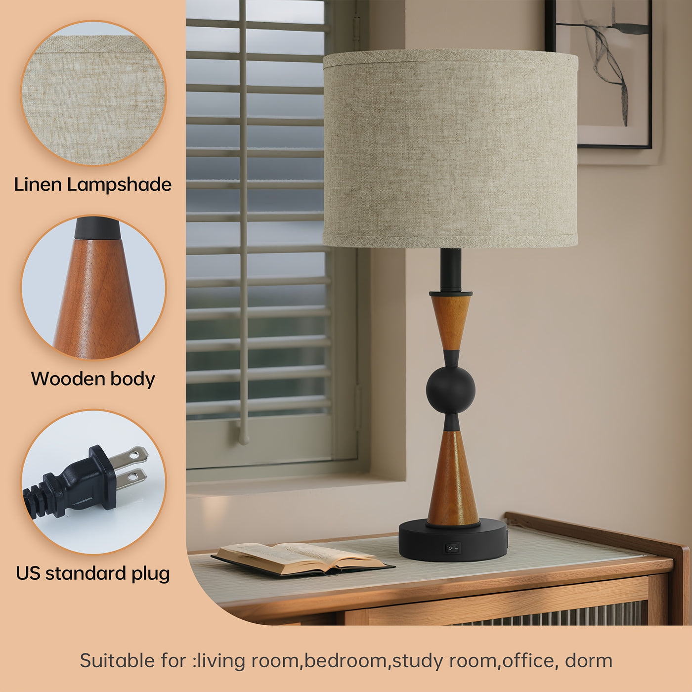 2 Sets USB-C & USB-A Dual Port Table Lamp with Linen Shade - Farmhouse & Industrial Bedside, Cordless-like, Switch-Controlled (No) - Easy Assembly Desk Lamp for Bedroom, Living Room, Nightstand (Compatible with, Lamps, Bedsid