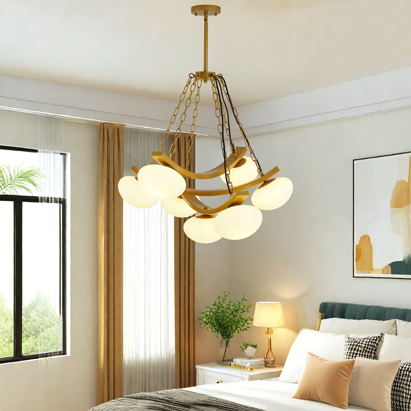7-Light Golden Modern Sputnik Chandelier, Mid Century for Dining Room Light Fixtures Over Table, Adjustable Hanging Ceiling Light Fixture with Globe Glass Shades for Kitchen Island Living Room Bedroom, Dining Table Light, Cha